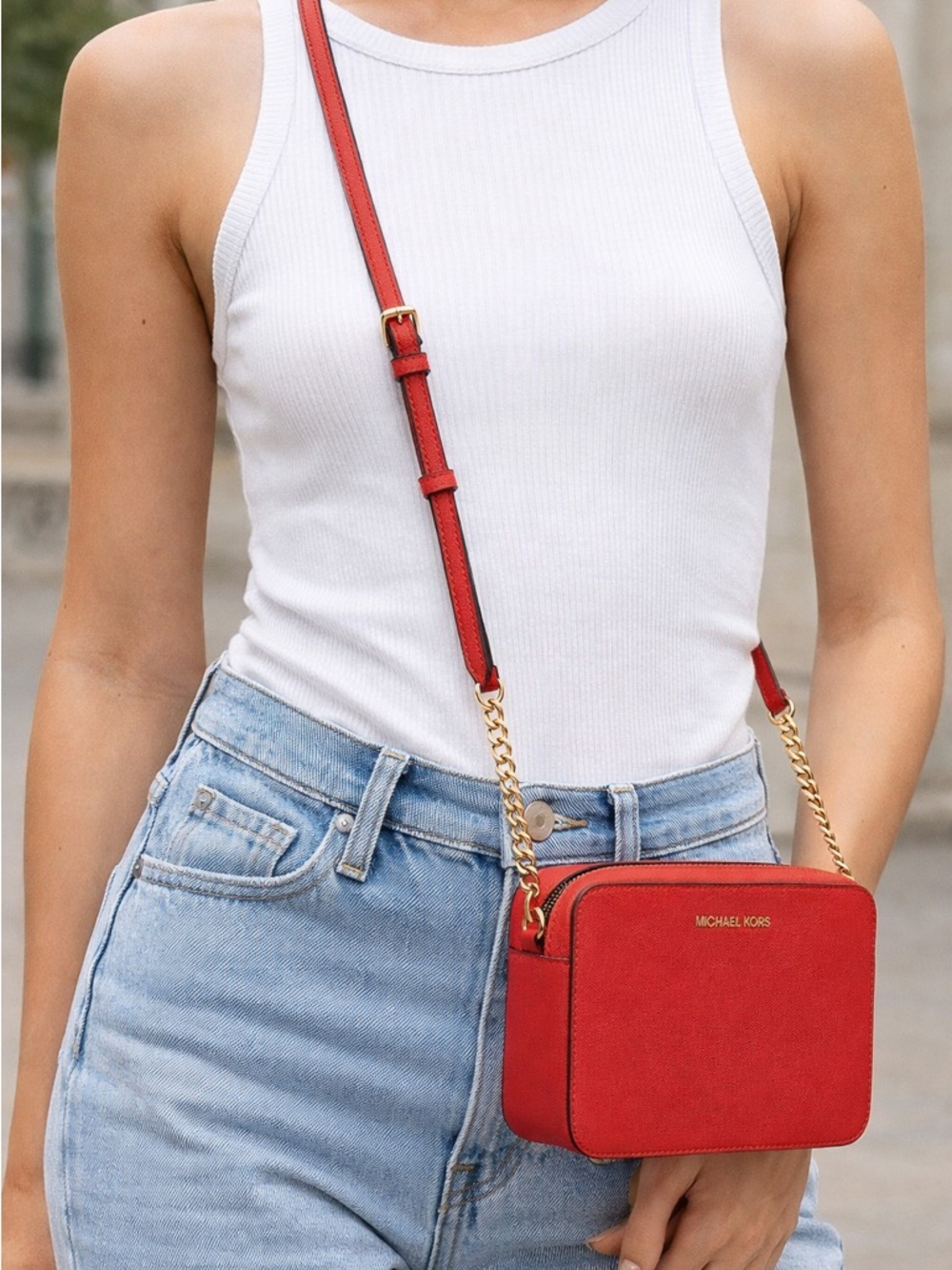 Michael Kors Red Saffiano Leather Crossbody Camera Bag